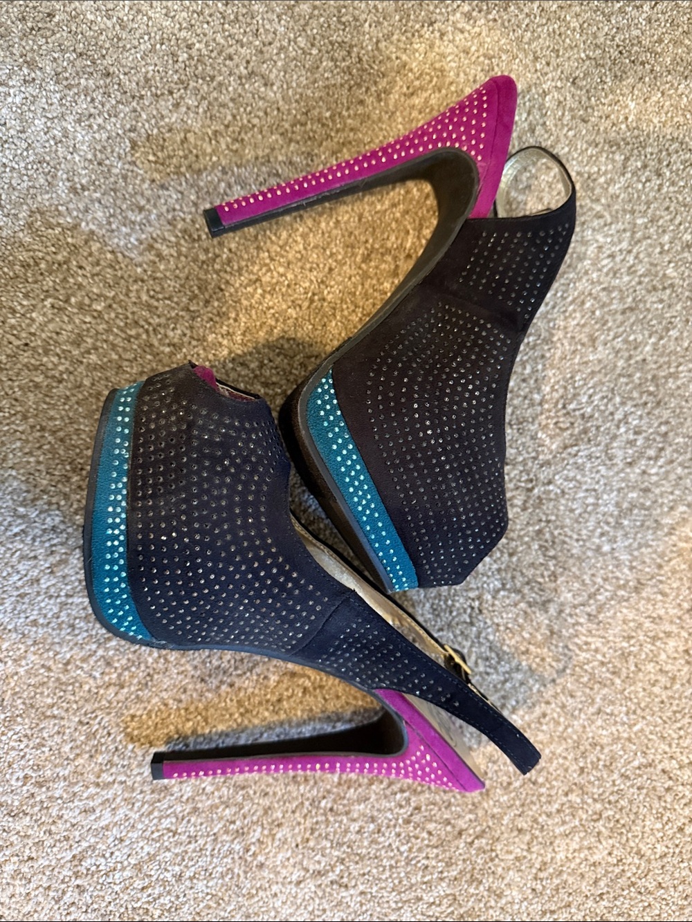 SM New York Black Suede Platform Slingbacks with Pink & Teal Accents